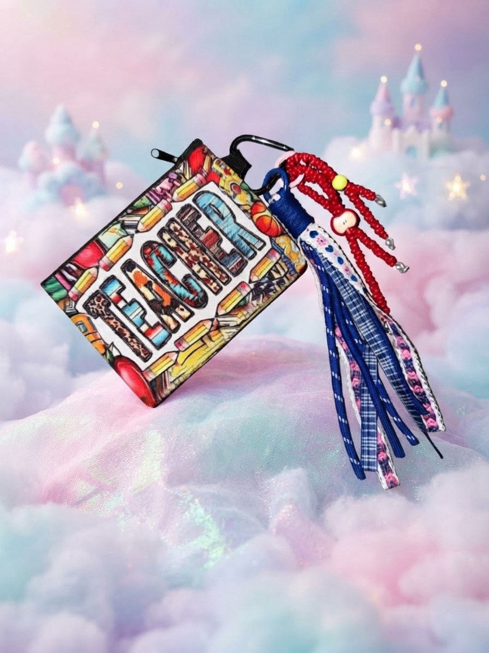 Colorful Kids Book-Themed Keychain with Blue & Red Tassels